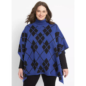 Lane Bryant Blue Argyle Turtleneck‎ Knit Pullover Poncho Sweater Womans Sz 14/20